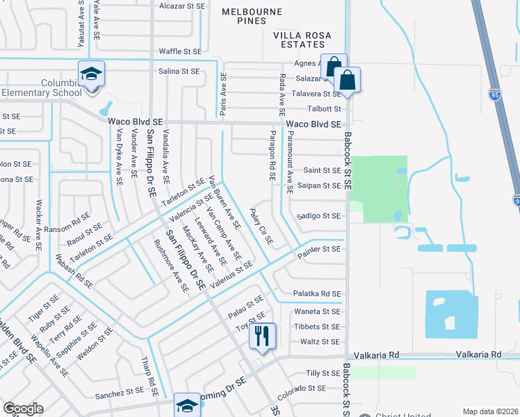 map of restaurants, bars, coffee shops, grocery stores, and more near 1435 Paley Circle Southeast in Palm Bay