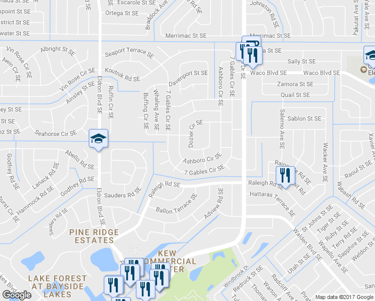 map of restaurants, bars, coffee shops, grocery stores, and more near 1551 Dozier Circle Southeast in Palm Bay