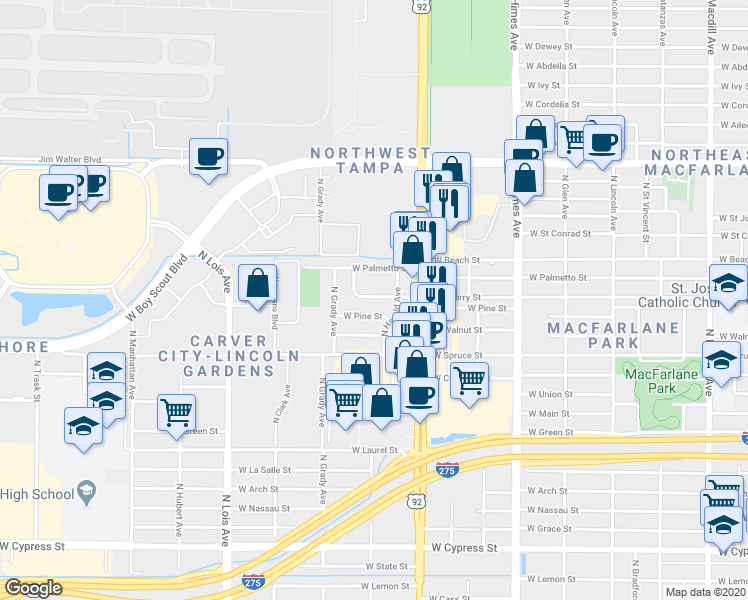 map of restaurants, bars, coffee shops, grocery stores, and more near 3910 West Cherry Street in Tampa