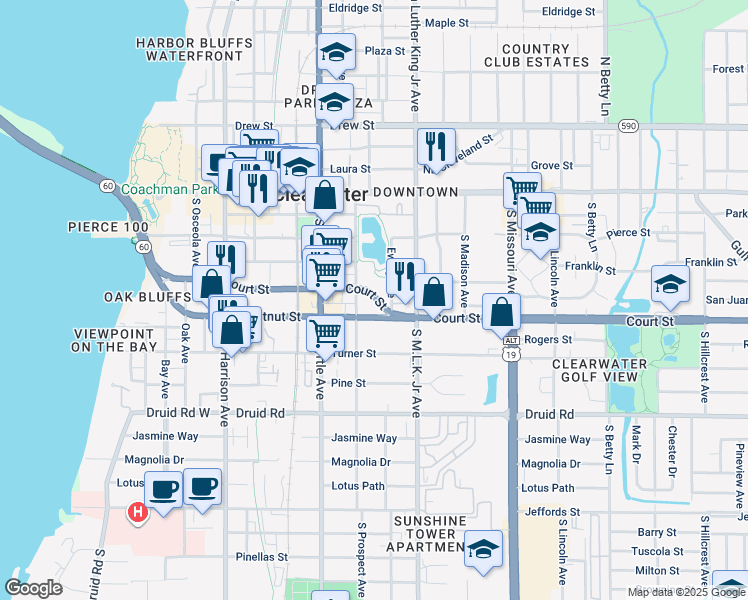 map of restaurants, bars, coffee shops, grocery stores, and more near 911 Court Street in Clearwater