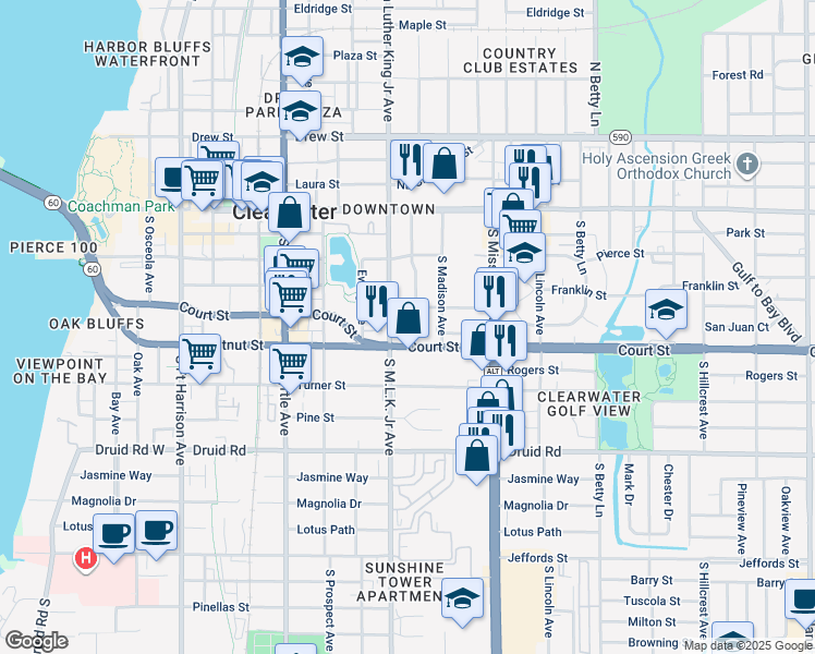 map of restaurants, bars, coffee shops, grocery stores, and more near 1114 Brownell Street in Clearwater