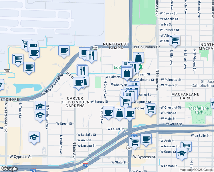 map of restaurants, bars, coffee shops, grocery stores, and more near 2207 North Grady Avenue in Tampa
