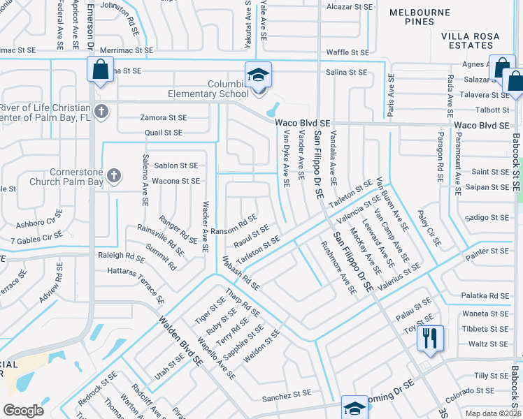 map of restaurants, bars, coffee shops, grocery stores, and more near 1182 Ransom Road Southeast in Palm Bay
