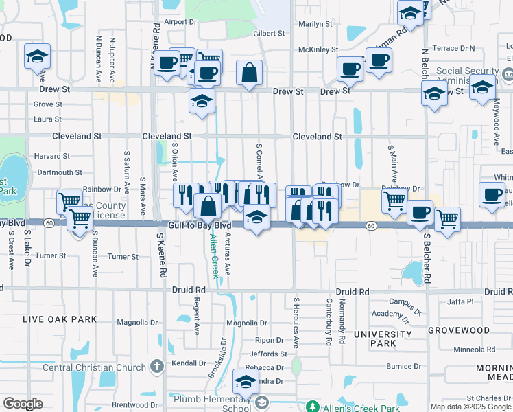 map of restaurants, bars, coffee shops, grocery stores, and more near 402 South Comet Avenue in Clearwater