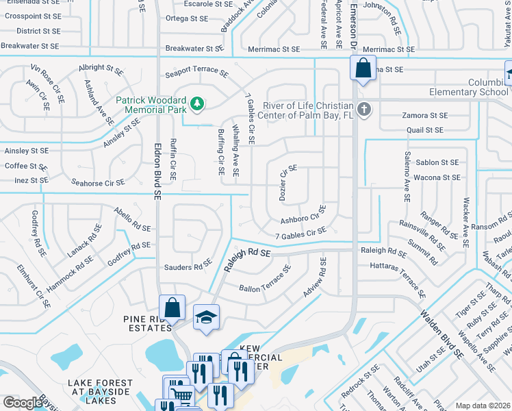 map of restaurants, bars, coffee shops, grocery stores, and more near 689 7 Gables Circle Southeast in Palm Bay