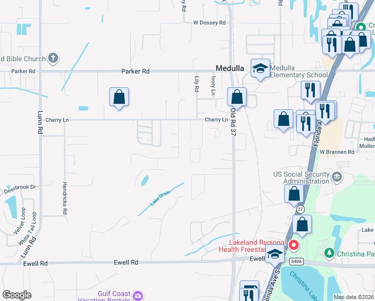 map of restaurants, bars, coffee shops, grocery stores, and more near 5757 Oakwood Knoll Drive in Lakeland