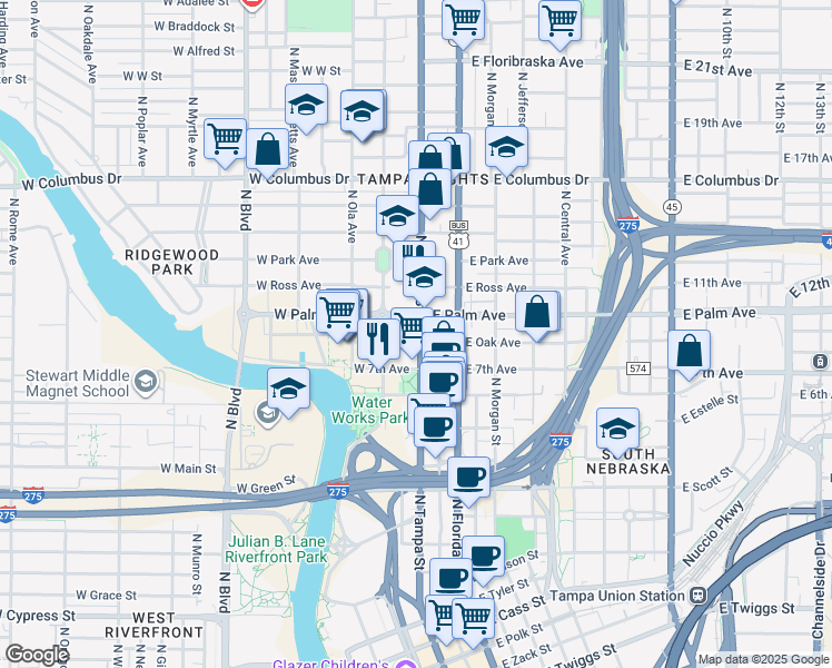 map of restaurants, bars, coffee shops, grocery stores, and more near 105 West Oak Avenue in Tampa