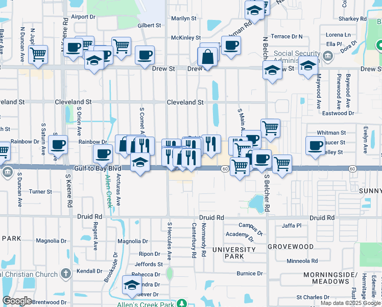 map of restaurants, bars, coffee shops, grocery stores, and more near 320 South Mercury Avenue in Clearwater