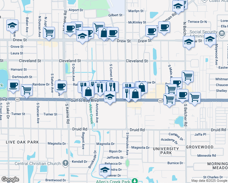 map of restaurants, bars, coffee shops, grocery stores, and more near 402 South Comet Avenue in Clearwater