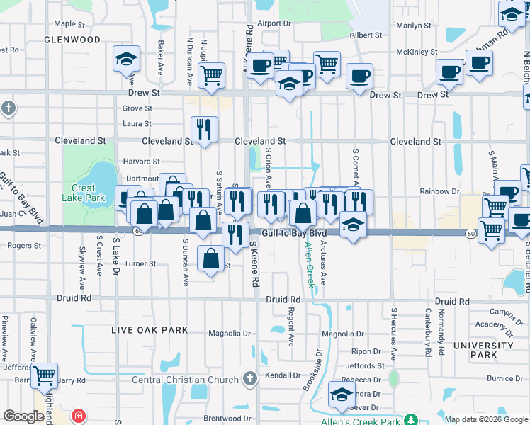 map of restaurants, bars, coffee shops, grocery stores, and more near 1800 Gulf to Bay Boulevard in Clearwater