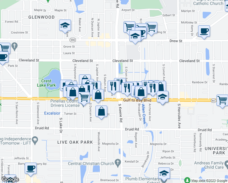 map of restaurants, bars, coffee shops, grocery stores, and more near 312 South Mars Avenue in Clearwater