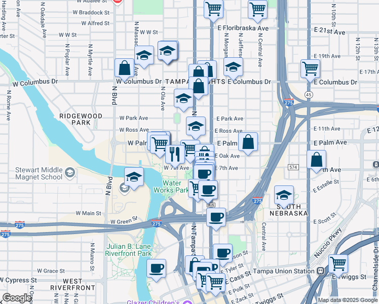 map of restaurants, bars, coffee shops, grocery stores, and more near 105 West Oak Avenue in Tampa