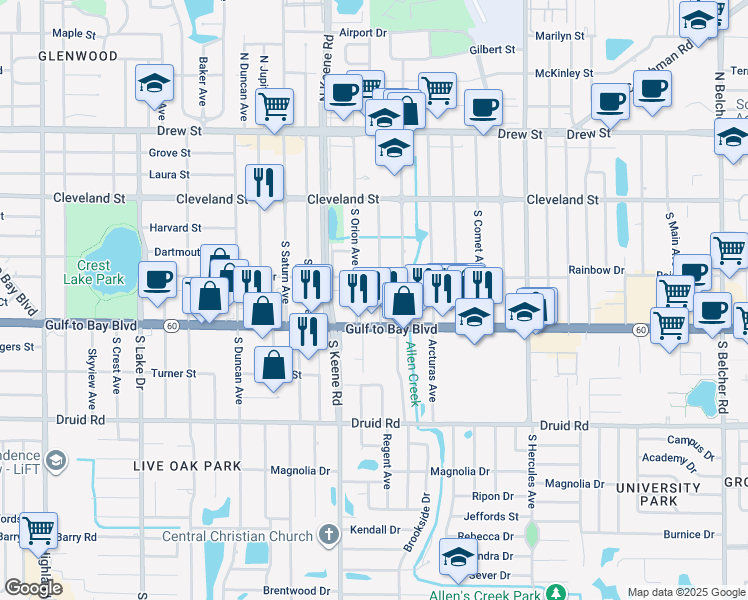 map of restaurants, bars, coffee shops, grocery stores, and more near 402 South Pegasus Avenue in Clearwater