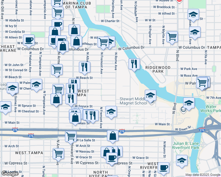 map of restaurants, bars, coffee shops, grocery stores, and more near 1717 West Cherry Street in Tampa