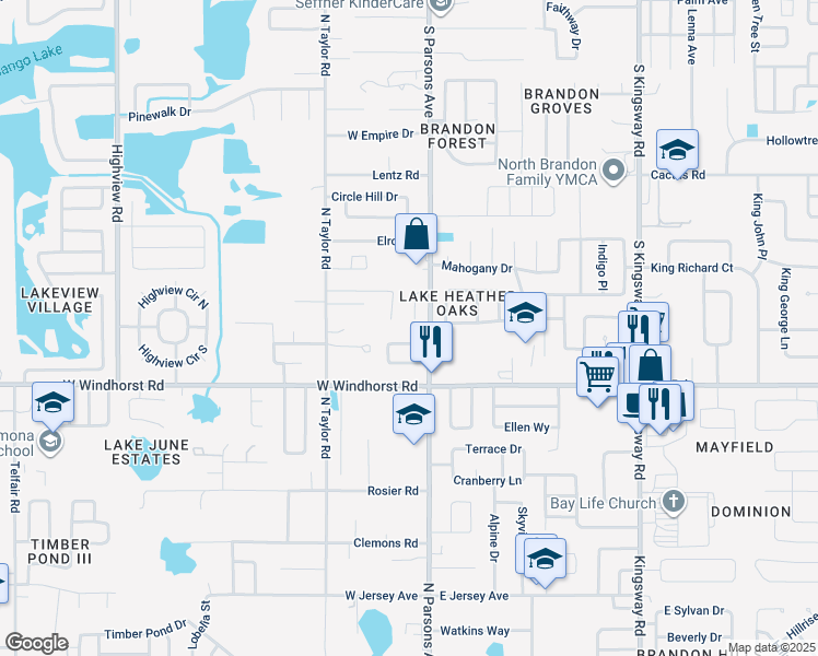 map of restaurants, bars, coffee shops, grocery stores, and more near 1402 Fernwood Place in Seffner