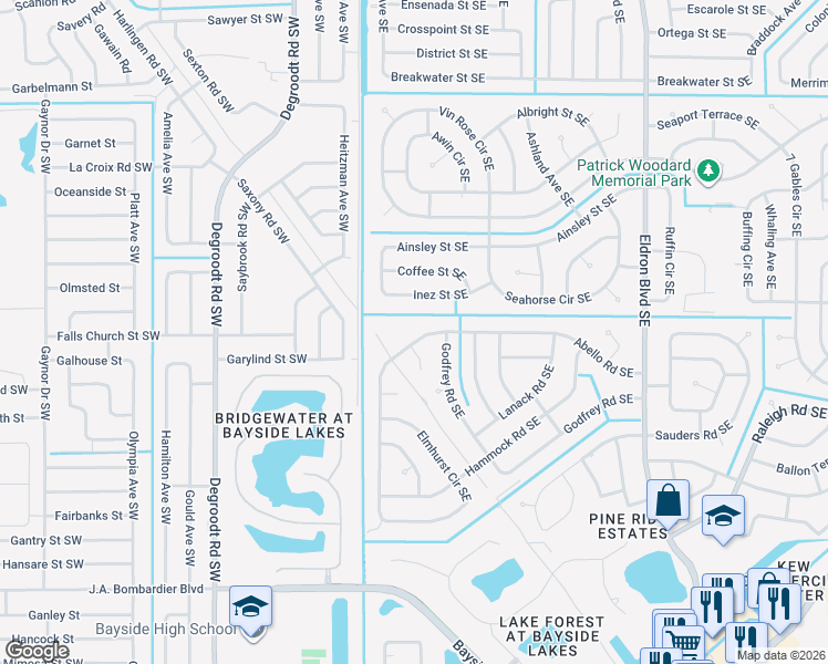 map of restaurants, bars, coffee shops, grocery stores, and more near 265 Abello Road Southeast in Palm Bay