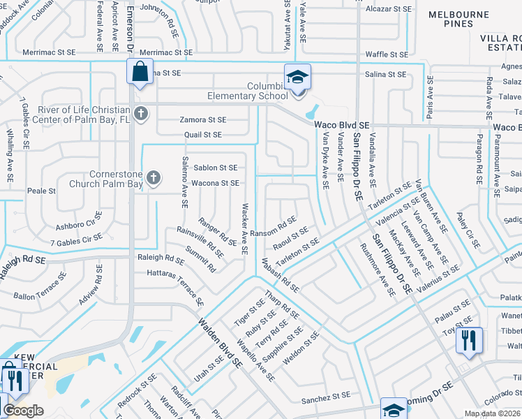 map of restaurants, bars, coffee shops, grocery stores, and more near 1061 Wabash Road Southeast in Palm Bay