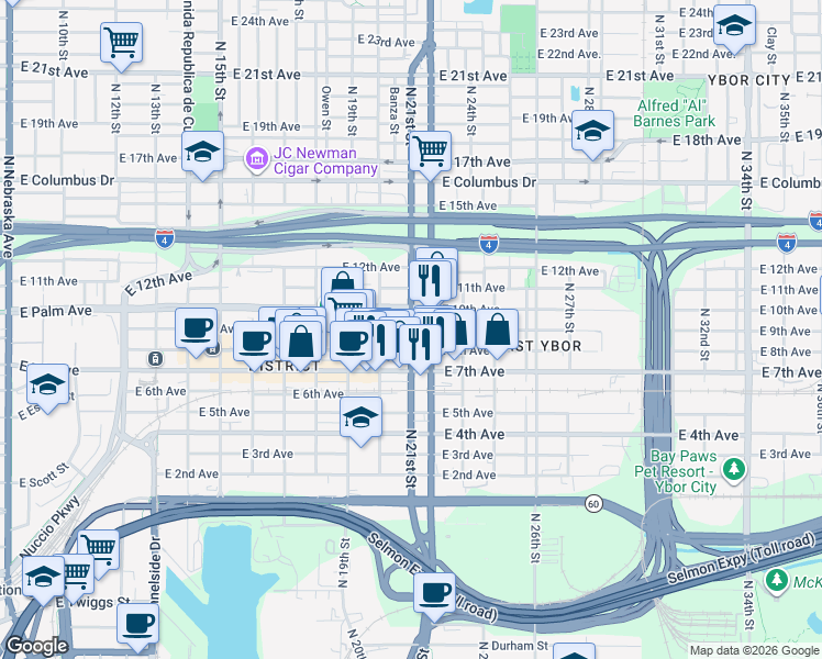 map of restaurants, bars, coffee shops, grocery stores, and more near North 21st Street in Tampa