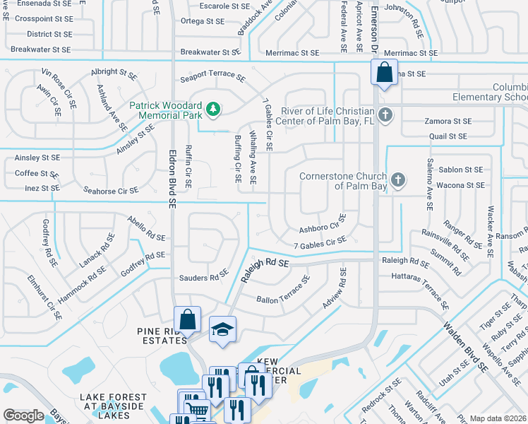map of restaurants, bars, coffee shops, grocery stores, and more near 689 7 Gables Circle Southeast in Palm Bay