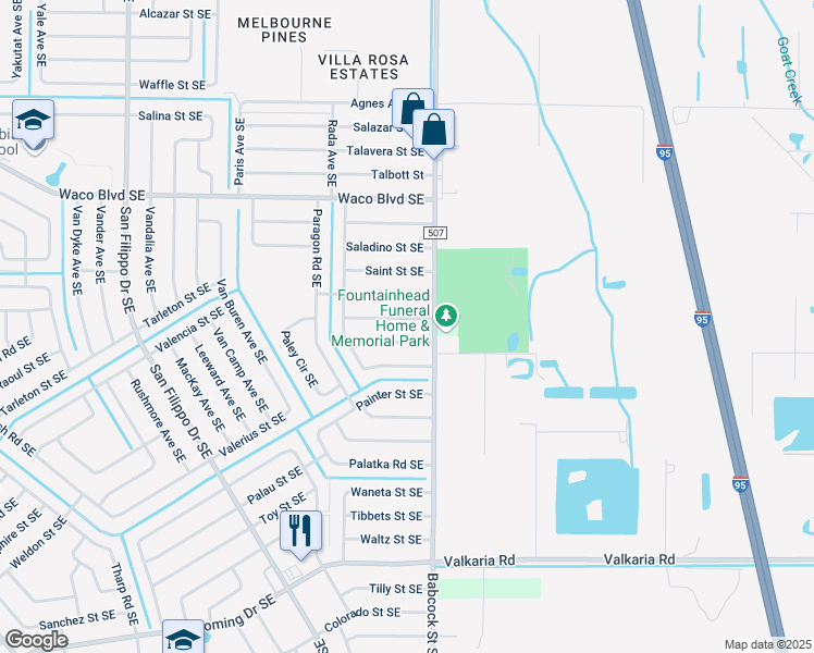 map of restaurants, bars, coffee shops, grocery stores, and more near 1682 Burgandy Street Southeast in Palm Bay