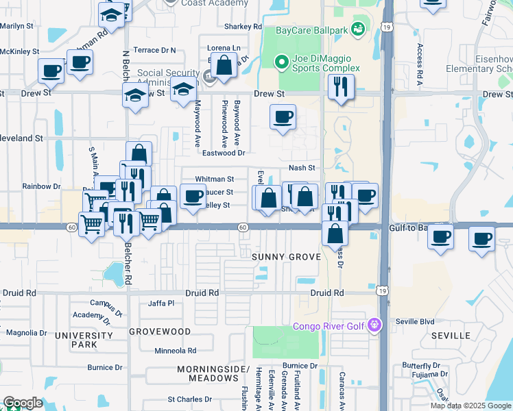 map of restaurants, bars, coffee shops, grocery stores, and more near 401 South Fernwood Avenue in Clearwater