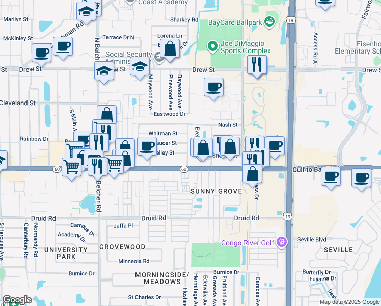 map of restaurants, bars, coffee shops, grocery stores, and more near 401 South Fernwood Avenue in Clearwater
