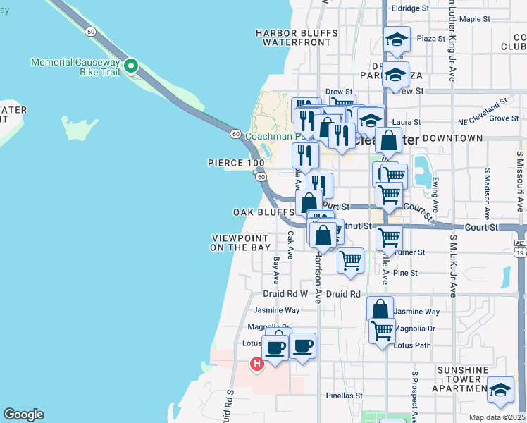 map of restaurants, bars, coffee shops, grocery stores, and more near 432 Bay Avenue in Clearwater