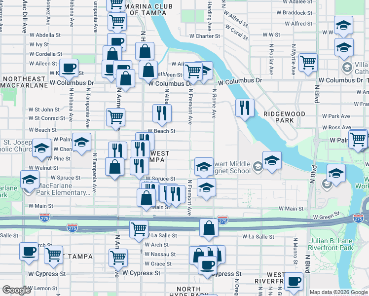 map of restaurants, bars, coffee shops, grocery stores, and more near 1911 West Cherry Street in Tampa