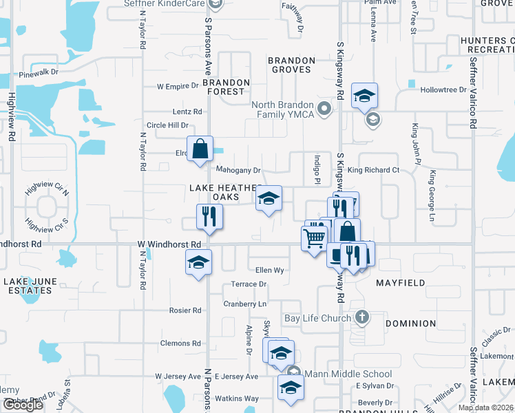 map of restaurants, bars, coffee shops, grocery stores, and more near 203 Valley Drive in Brandon