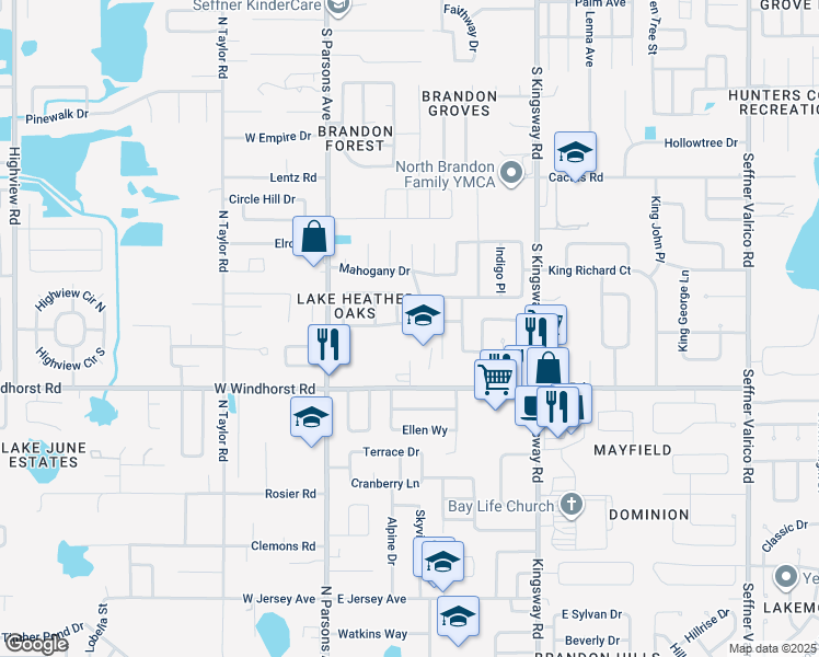 map of restaurants, bars, coffee shops, grocery stores, and more near 205 Valley Drive in Brandon