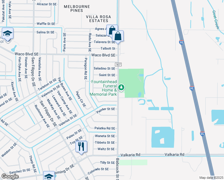 map of restaurants, bars, coffee shops, grocery stores, and more near 1682 Burgandy Street Southeast in Palm Bay