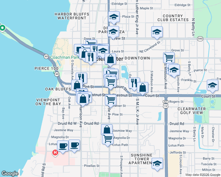 map of restaurants, bars, coffee shops, grocery stores, and more near 411 South Myrtle Avenue in Clearwater