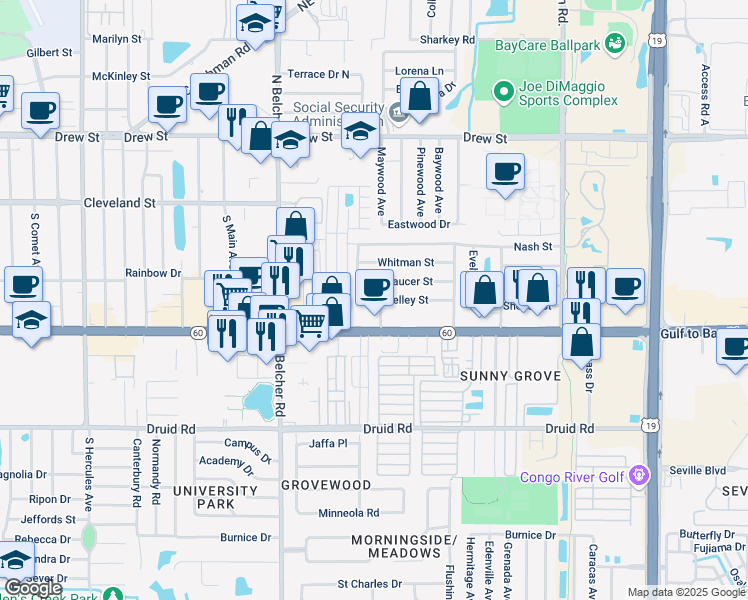 map of restaurants, bars, coffee shops, grocery stores, and more near 2318 Shelley Street in Clearwater