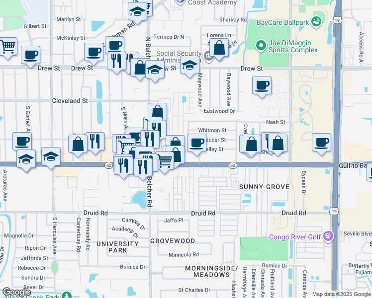 map of restaurants, bars, coffee shops, grocery stores, and more near 314 Shelley Street in Clearwater