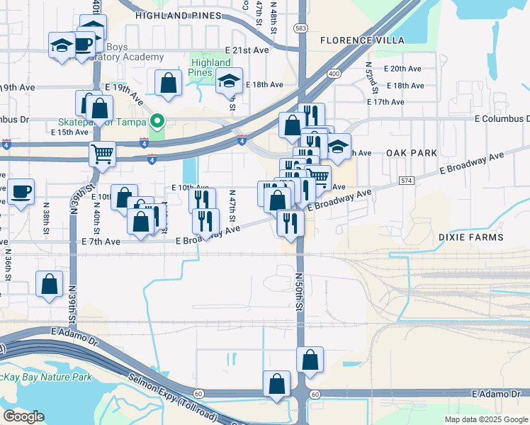 map of restaurants, bars, coffee shops, grocery stores, and more near 4808 East 7th Avenue in Tampa
