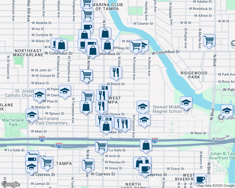 map of restaurants, bars, coffee shops, grocery stores, and more near 2209 North Albany Avenue in Tampa