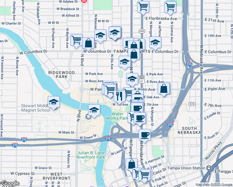 map of restaurants, bars, coffee shops, grocery stores, and more near 2002 North Highland Avenue in Tampa