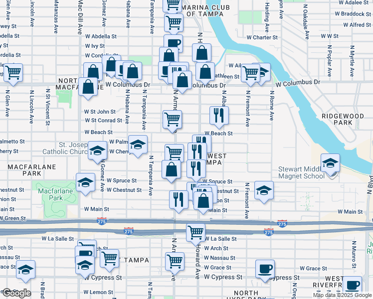map of restaurants, bars, coffee shops, grocery stores, and more near 2314 West Cherry Street in Tampa