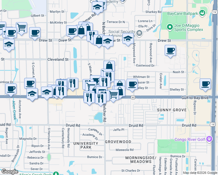 map of restaurants, bars, coffee shops, grocery stores, and more near in Clearwater