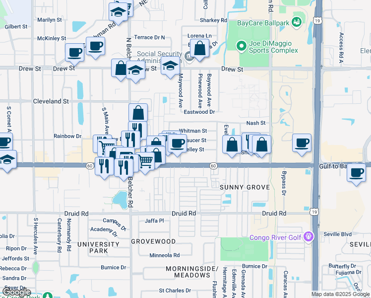 map of restaurants, bars, coffee shops, grocery stores, and more near 2318 Shelley Street in Clearwater
