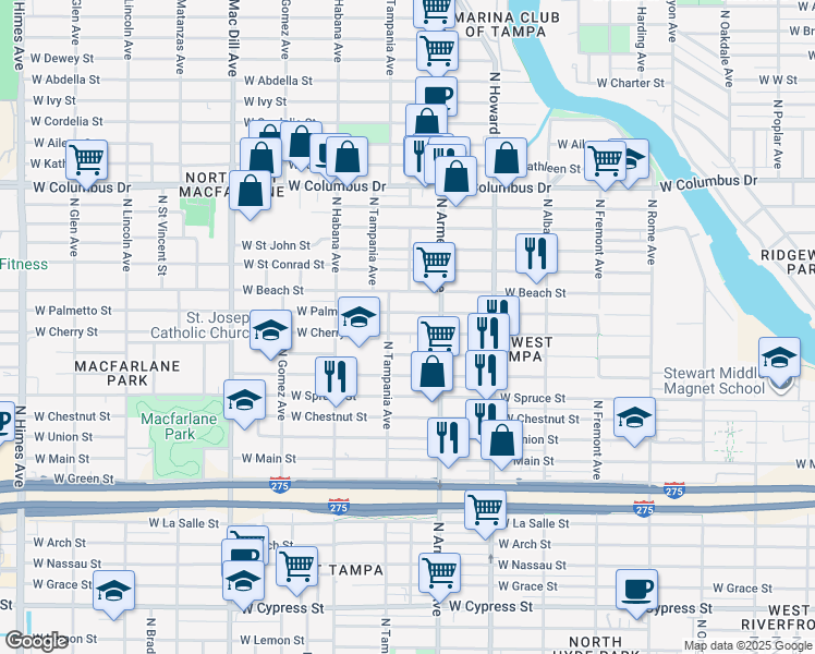 map of restaurants, bars, coffee shops, grocery stores, and more near 2537 West Cherry Street in Tampa