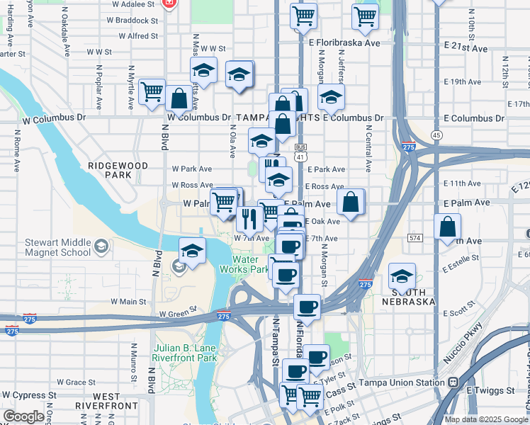 map of restaurants, bars, coffee shops, grocery stores, and more near 2002 North Tampa Street in Tampa