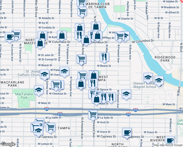 map of restaurants, bars, coffee shops, grocery stores, and more near 2306 North Howard Avenue in Tampa