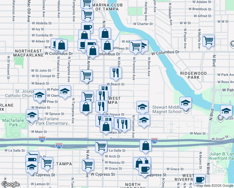 map of restaurants, bars, coffee shops, grocery stores, and more near 2209 North Albany Avenue in Tampa
