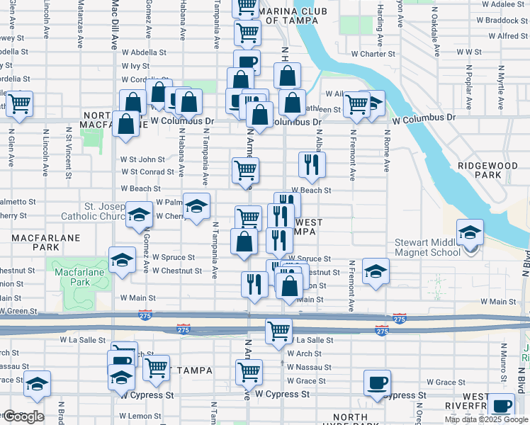 map of restaurants, bars, coffee shops, grocery stores, and more near 2314 West Cherry Street in Tampa