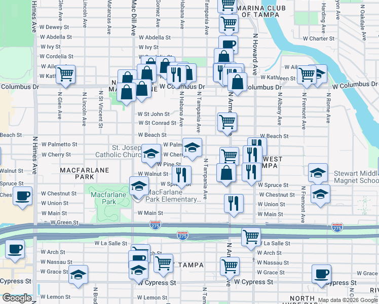 map of restaurants, bars, coffee shops, grocery stores, and more near 2700 West Cherry Street in Tampa