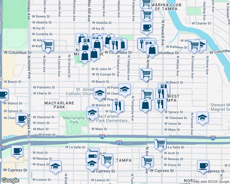map of restaurants, bars, coffee shops, grocery stores, and more near 2906 West Cherry Street in Tampa