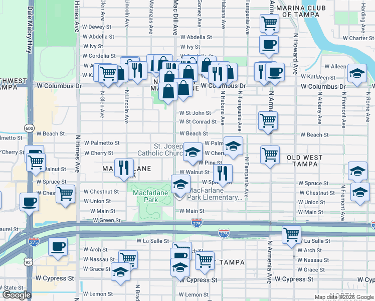 map of restaurants, bars, coffee shops, grocery stores, and more near 3012-3098 West Cherry Street in Tampa