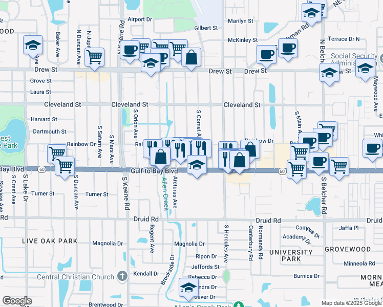 map of restaurants, bars, coffee shops, grocery stores, and more near 402 South Comet Avenue in Clearwater