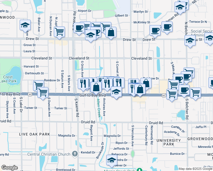 map of restaurants, bars, coffee shops, grocery stores, and more near 400 South Meteor Avenue in Clearwater
